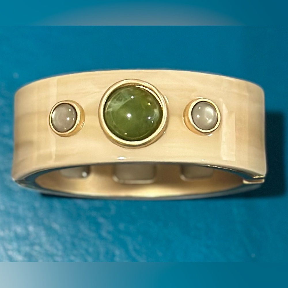 Elegant Cream Bangle with Green and Gray Accent Stones W/ Diamond
